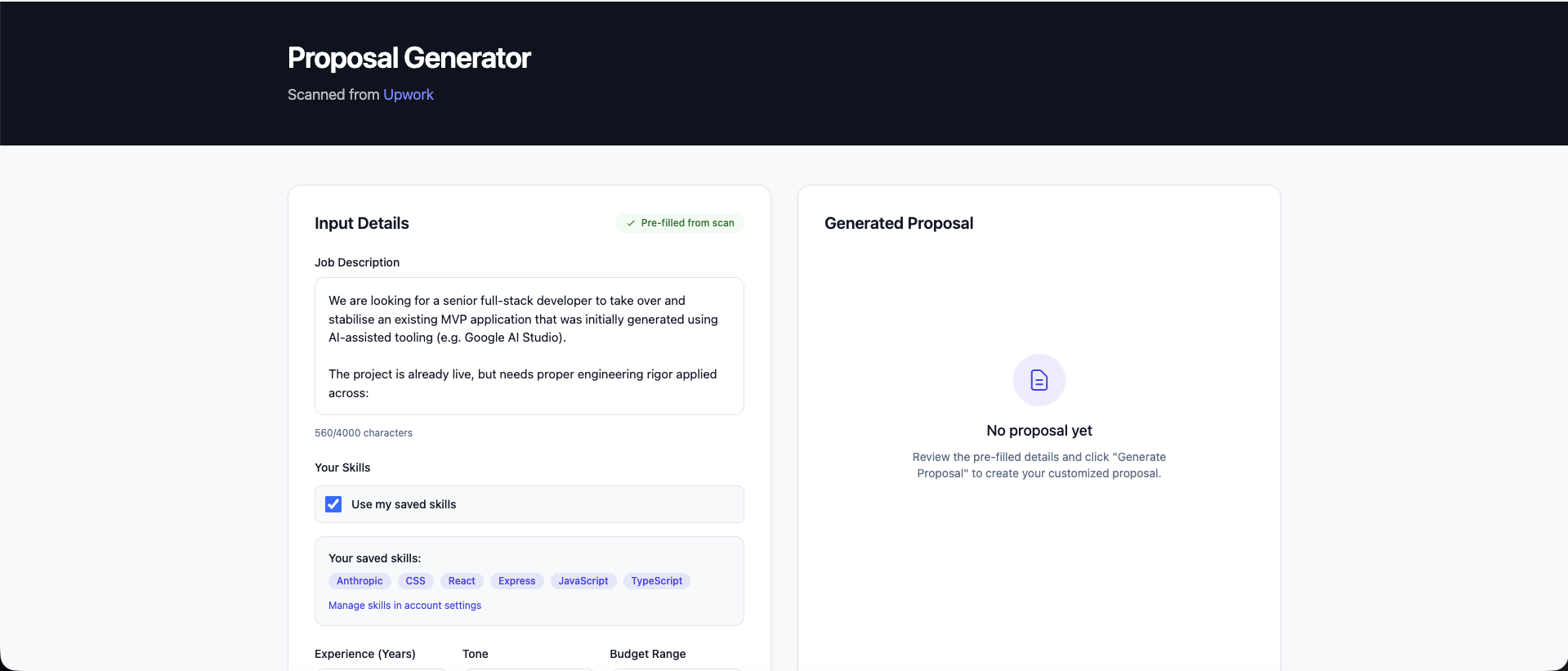 Proposal generator tool with automated job scanning and form pre-filling
