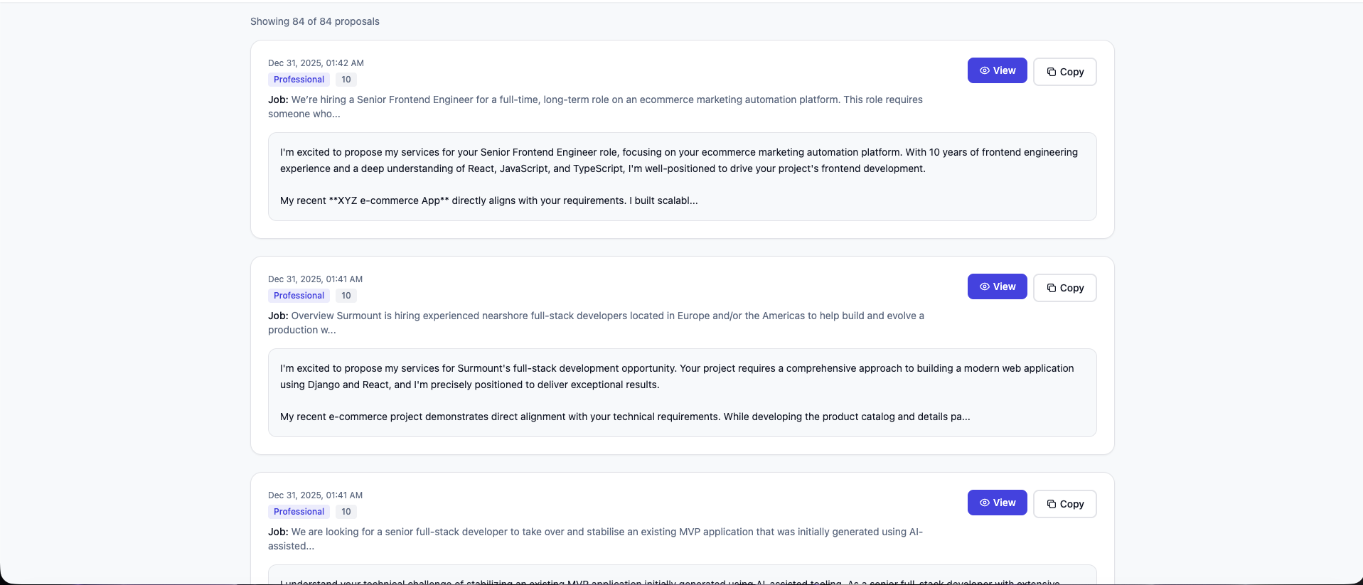 Proposal history page showing workflow automation and time savings